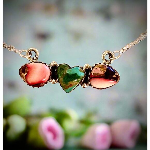 Sonoran Gold Turquoise & Rose Dahlia Heart Necklace 16-18” - Picture 6 of 8